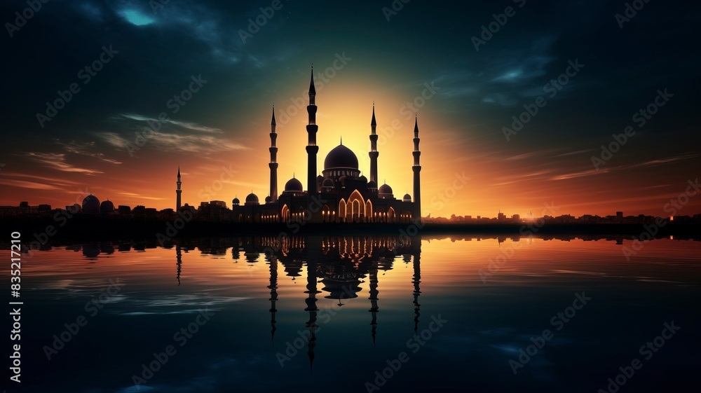 Fototapeta premium Ramadan Kareem religious background with mosque silhouettes reflected in serene sea, copy space, generative ai