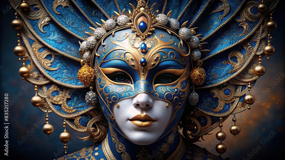 Luxury Venetian carnival mask in blue and gold on a dark background , Venice, carnival, mask, costume, Italian, elegant, ornate, festive, celebration, tradition, culture, masquerade