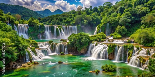 Beautiful landscape of waterfalls surrounded by lush greenery   nature  tourism  adventure  travel  vacation  exploration  excitement  happiness  joy  discovery  scenic  waterfall