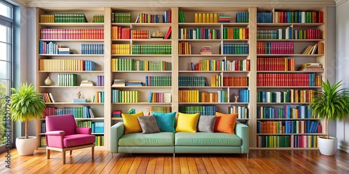Colorful bookshelf in a bright home library setting , rainbow, books, shelves, bookshelf, colorful, home library, education, reading, literature, decorative, organized, vivid, diverse photo