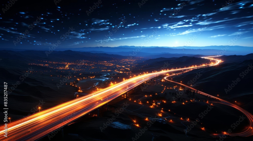 A breathtaking night scene of a highway illuminated with streaks of light under a star-studded sky, capturing the essence of motion and tranquility. A breathtaking night scene of a highway illuminated with streaks of light under a star-studded sky, capturing the essence of motion and tranquility.