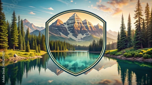 Vintage retro nature emblem featuring a serene lake surrounded by lush trees and mountains in a adventure logo design, nature, vintage, retro, emblem, logo, lake, trees, mountains photo