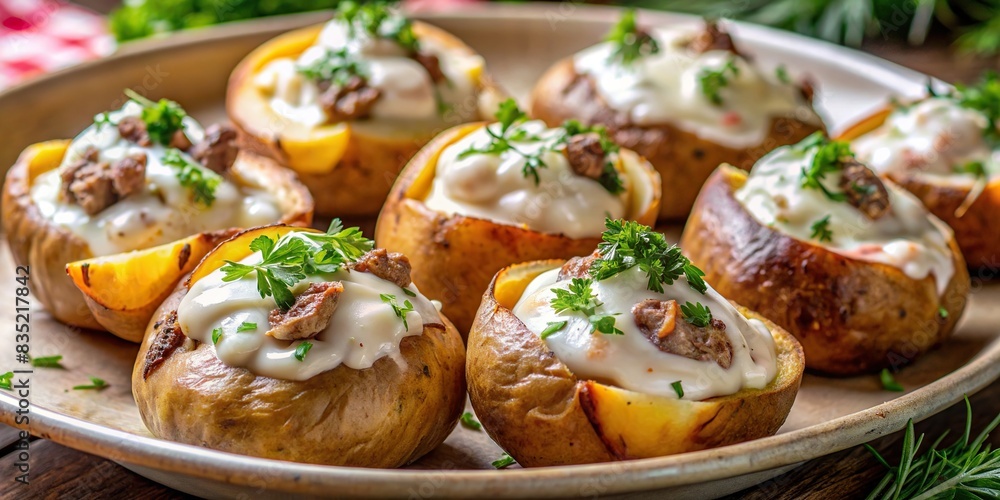 Delicious baked potatoes with meat in mayonnaise cooking in the oven, close-up, baked potatoes, meat, mayonnaise, oven, cooking, delicious, food, meal, close-up, savory, homemade, seasoned