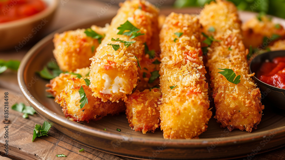 Crispy, golden mozzarella sticks fried on a plate with marinara sauce on a wooden table, decorated with fresh parsley. Crispy, golden mozzarella sticks fried on a plate with marinara sauce on a wooden table, decorated with fresh parsley.