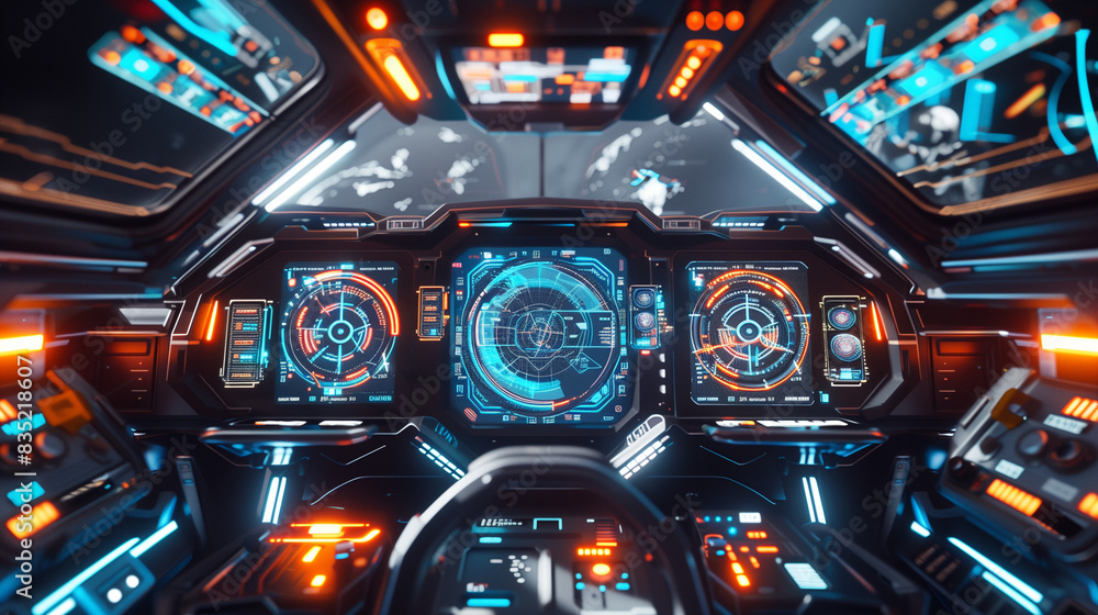 Cyber cockpit with twinkling digital gauges and immersive HUDs. Luminous projections and dynamic data on screens create a vision of the future of aviation technology. Cyber cockpit with twinkling digital gauges and immersive HUDs. Luminous projections and dynamic data on screens create a vision of the future of aviation technology.