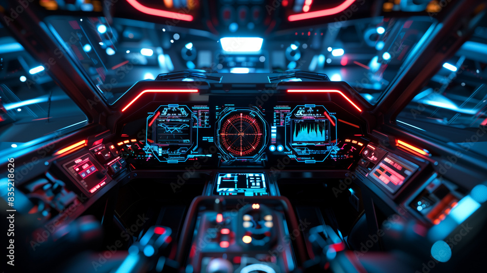Cyber cockpit with twinkling digital gauges and immersive HUDs. Luminous projections and dynamic data on screens create a vision of the future of aviation technology. Cyber cockpit with twinkling digital gauges and immersive HUDs. Luminous projections and dynamic data on screens create a vision of the future of aviation technology.