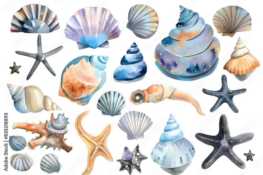 Watercolor cartoon sea shells collection isolated on white background Watercolor cartoon sea shells collection isolated on white background