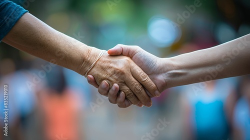 A symbolic family moment as two hands of different generations clasp together, representing unity and connection. photo