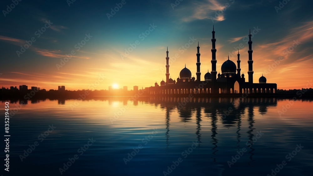 Ramadan Kareem religious background with mosque silhouettes reflected in serene sea, copy space, generative ai Ramadan Kareem religious background with mosque silhouettes reflected in serene sea, copy space, generative ai