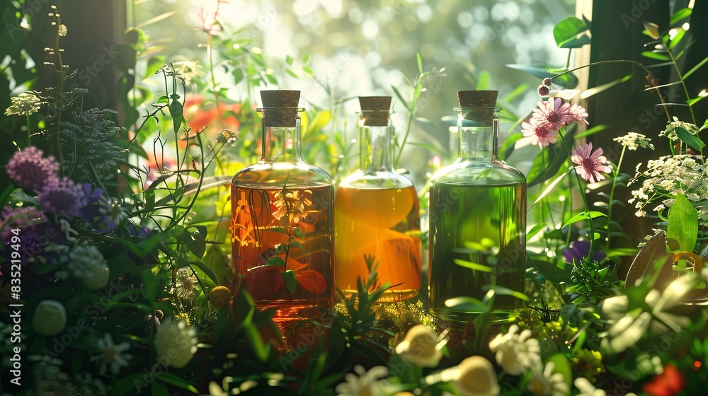 A close-up of three glass bottles filled with herbal oils and extracts, surrounded by vibrant green foliage and colorful blossoms. Generative AI A close-up of three glass bottles filled with herbal oils and extracts, surrounded by vibrant green foliage and colorful blossoms. Generative AI