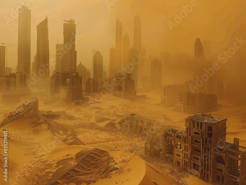 Bladerunner Dubai: Abandoned City Engulfed in a Sandstorm – Futuristic Dystopia Meets Deserted Metropolis photo