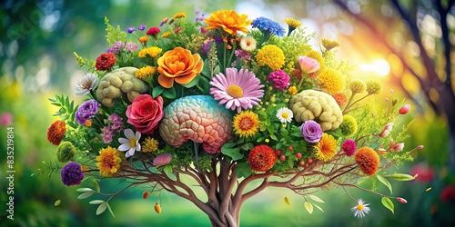 Human brain surrounded by vibrant flowers and a lush tree symbolizing self care, mental health, positive thinking, creativity, and a healthy slow life, wellness, well being, self care photo