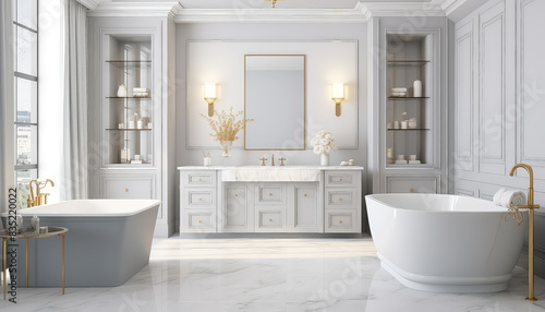 A bathroom with a white bathtub and a white chair