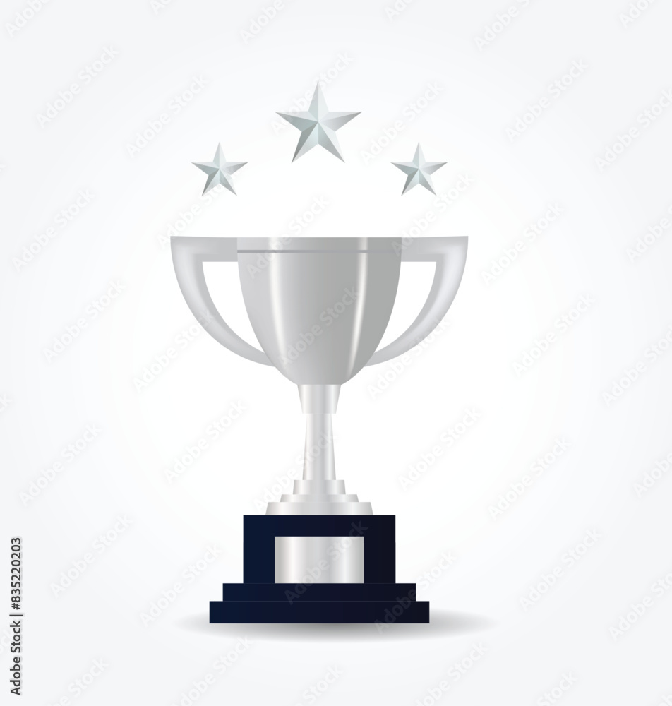 Silver winner trophy with 3d star on white isolated 