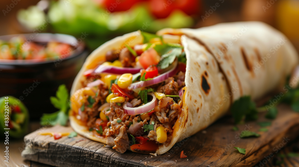 Loaded Burrito with Beef, Vegetables, and Cheese on Wooden Board Loaded Burrito with Beef, Vegetables, and Cheese on Wooden Board