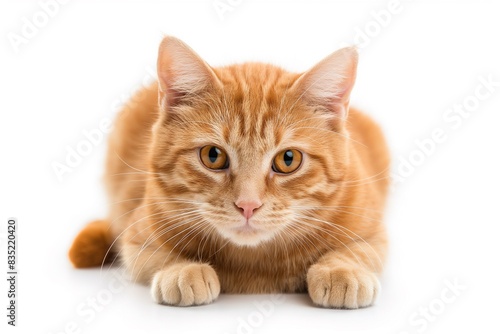Studio photo of a cute ginger cat isolated against a background of pastel shades, creating a soft and appealing visual.