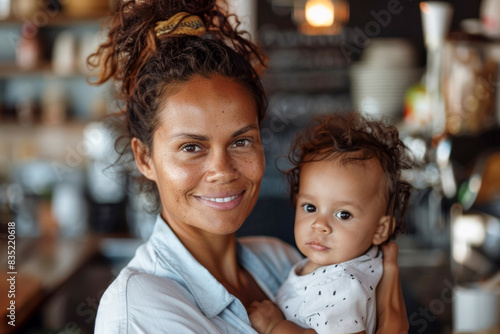 Obraz na płótnie A mother smiling while holding her infant son in a restaurant.