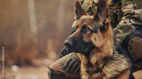 Cão militar e seu treinador. Um cão pastor alemão está sentado ao lado de uma pessoa vestindo uniforme militar photo