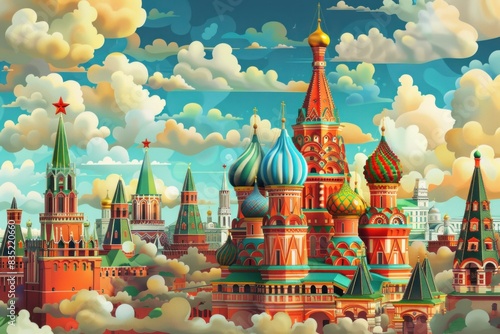 Vivid artistic illustration of Moscow, Russia - Kremlin and The Cathedral of Vasily the Blessed photo