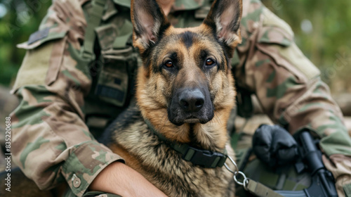 Cão militar e seu treinador. Um cão pastor alemão está sentado ao lado de uma pessoa vestindo uniforme militar photo