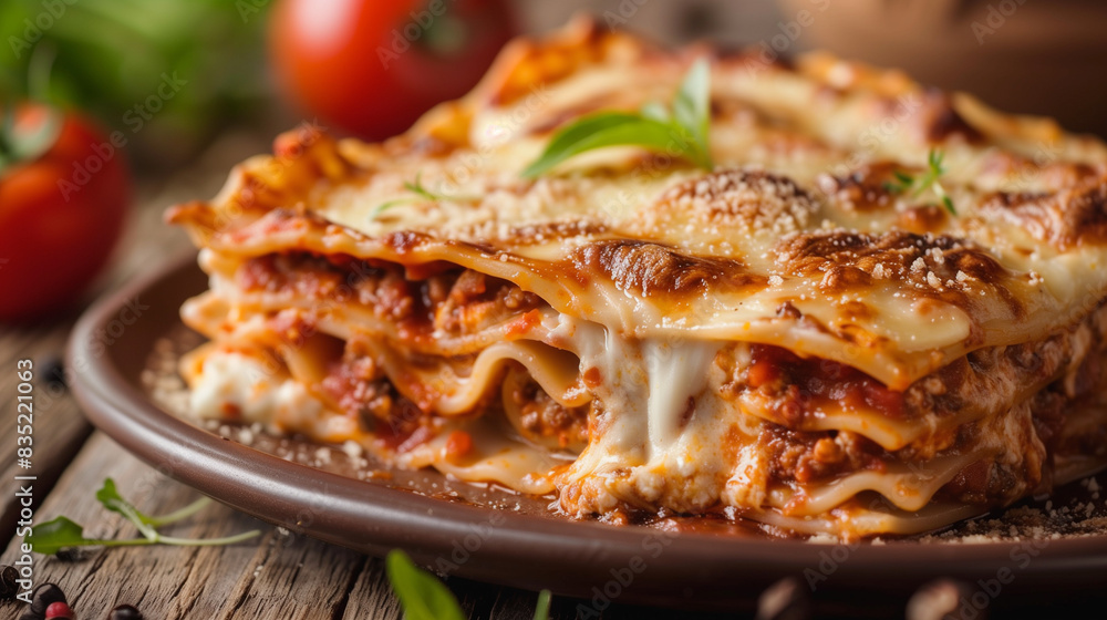 Delicious Lasagna on Rustic Wooden Table Delicious Lasagna on Rustic Wooden Table