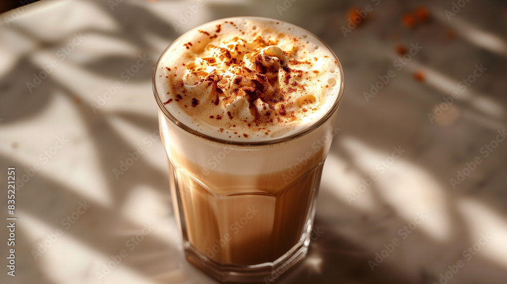 Creamy Latte with Cinnamon and Chocolate Sprinkles on Sunlit Table Creamy Latte with Cinnamon and Chocolate Sprinkles on Sunlit Table