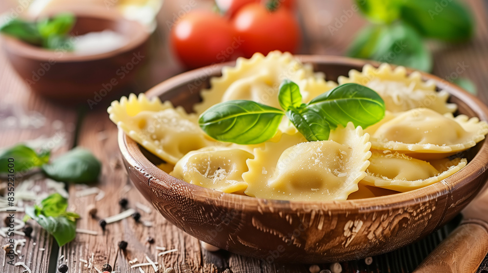 Fresh Ravioli with Basil and Tomatoes in Wooden Bowl Fresh Ravioli with Basil and Tomatoes in Wooden Bowl