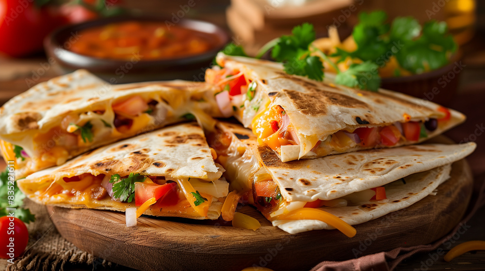 Delicious Quesadillas with Fresh Vegetables and Cheese on Wooden Board Delicious Quesadillas with Fresh Vegetables and Cheese on Wooden Board