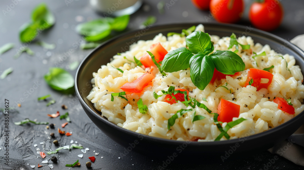 Creamy Risotto with Fresh Basil and Tomatoes on Dark Background Creamy Risotto with Fresh Basil and Tomatoes on Dark Background