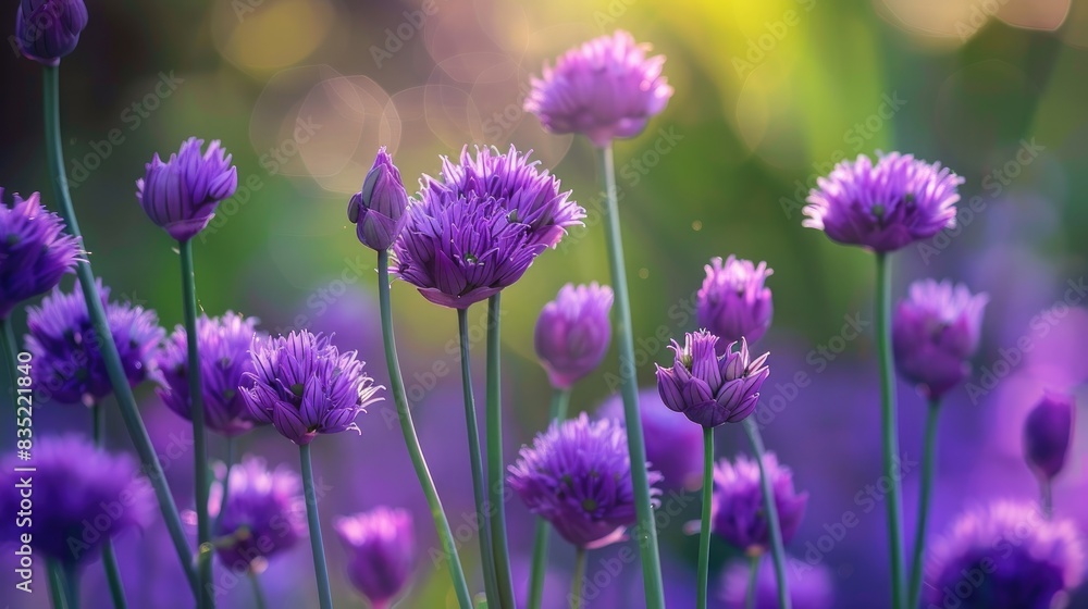 The chives display purple blossoms The chives display purple blossoms