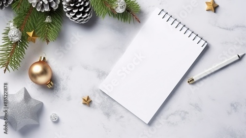 Top view notebook pencil small gifts xmas tree toys on grey surface top view flat lay, copy space, generative ai