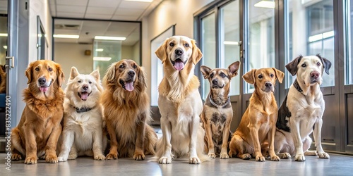 A group of dogs patiently waiting inside a veterinary clinic, pets, animals, waiting, veterinary, clinic, health, care, pets owner, veterinarian, check-up, anxiety, comfortable, anxiety