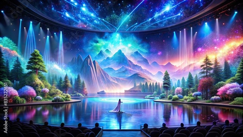 A scenic landscape with AI-generated holographic performance , hologram, technology, futuristic, artificial intelligence, virtual reality, entertainment, digital, innovation, projection photo