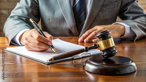 Legal concept image with lawsuit paper, hands holding a pen, and a gavel , legal, justice, court, litigation, law, attorney, judge, document, writing, case, legal system, lawsuit photo