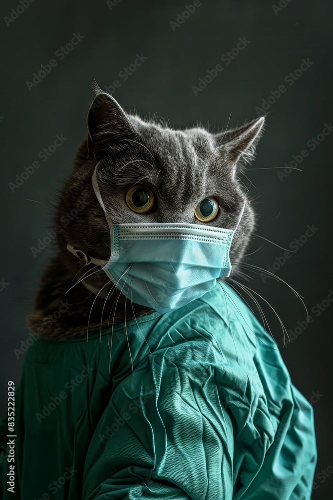 Obraz premium The cat wears surgical scrubs and surgical mask.