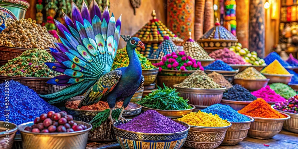 Vibrant peacock bouquets in a Moroccan bazaar with colorful textiles and exotic spices , peacock, bouquets, Moroccan, bazaar, textiles, spices, vibrant, colorful, exotic, marketplace