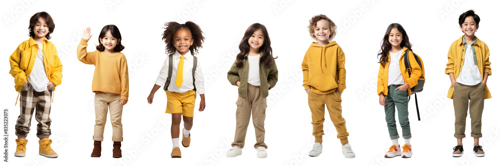 Child standing smiling, A happy student kid png cut out element set Child standing smiling, A happy student kid png cut out element set