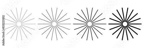 Sunburst, Rays, beams, starburst, radial lines abstract circular geometric shape design collection. Radial circle lines.
