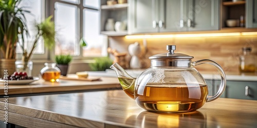 Glass tea pot on a modern kitchen counter, glass, tea pot, modern, kitchen, counter,sleek, home, lifestyle, interior, design, beverage, relaxation, drink, hot, liquid, clear, utensil photo