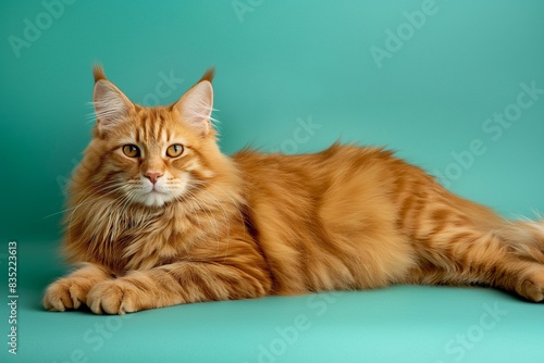 Studio photo of a cute ginger cat isolated against a background of pastel shades, creating a soft and appealing visual. © Mark G