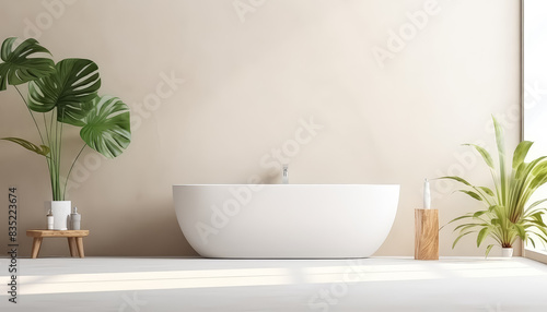 A white bathtub is surrounded by potted plants and a vase
