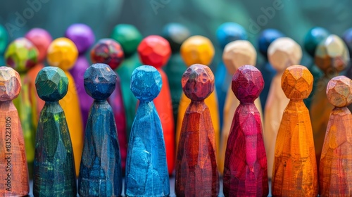 A group of colorful wooden figures stand close together, representing diversity and community. photo