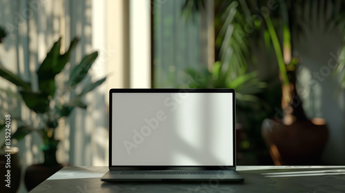 Open laptop with blank screen on a desk in a sunny, plant-filled room, perfect for remote work or online learning themes. © Tanakorn