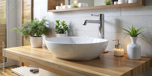 Stylish white basin in a modern light bathroom   designer  fashionable  basin  white  stylish  light  bathroom  interior  home  luxury  minimalistic  clean  elegant  contemporary  designer
