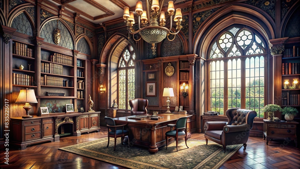 Gothic and Victorian style office room in a mansion interior, gothic ...