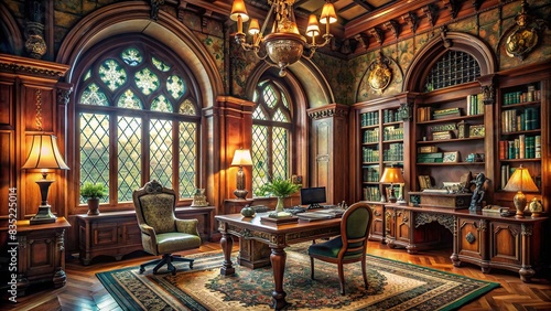 Gothic and Victorian style office room in a mansion interior, gothic, victorian, office room, mansion, interior, vintage, elegant, dark, sophisticated, antique, decor, ornate, luxurious