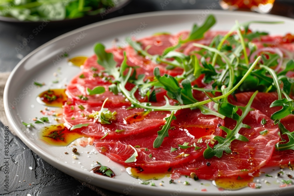 Italian beef carpaccio, paper-thin slices of ultra-fresh raw beef garnished with arugula and drizzled with vinaigrette Italian beef carpaccio, paper-thin slices of ultra-fresh raw beef garnished with arugula and drizzled with vinaigrette