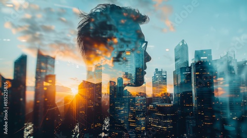 A silhouette of a man s profile is superimposed over a cityscape at sunset. The image evokes concepts of ambition  progress  and urban life.