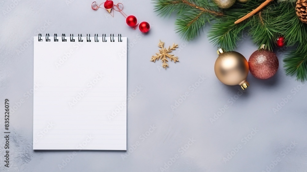 Top view notebook pencil small gifts xmas tree toys on grey surface top view flat lay, copy space, generative ai Top view notebook pencil small gifts xmas tree toys on grey surface top view flat lay, copy space, generative ai