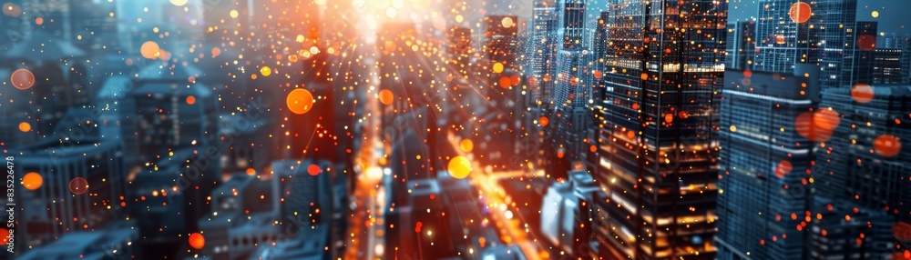 Fototapeta premium Abstract city skyline with glowing light.